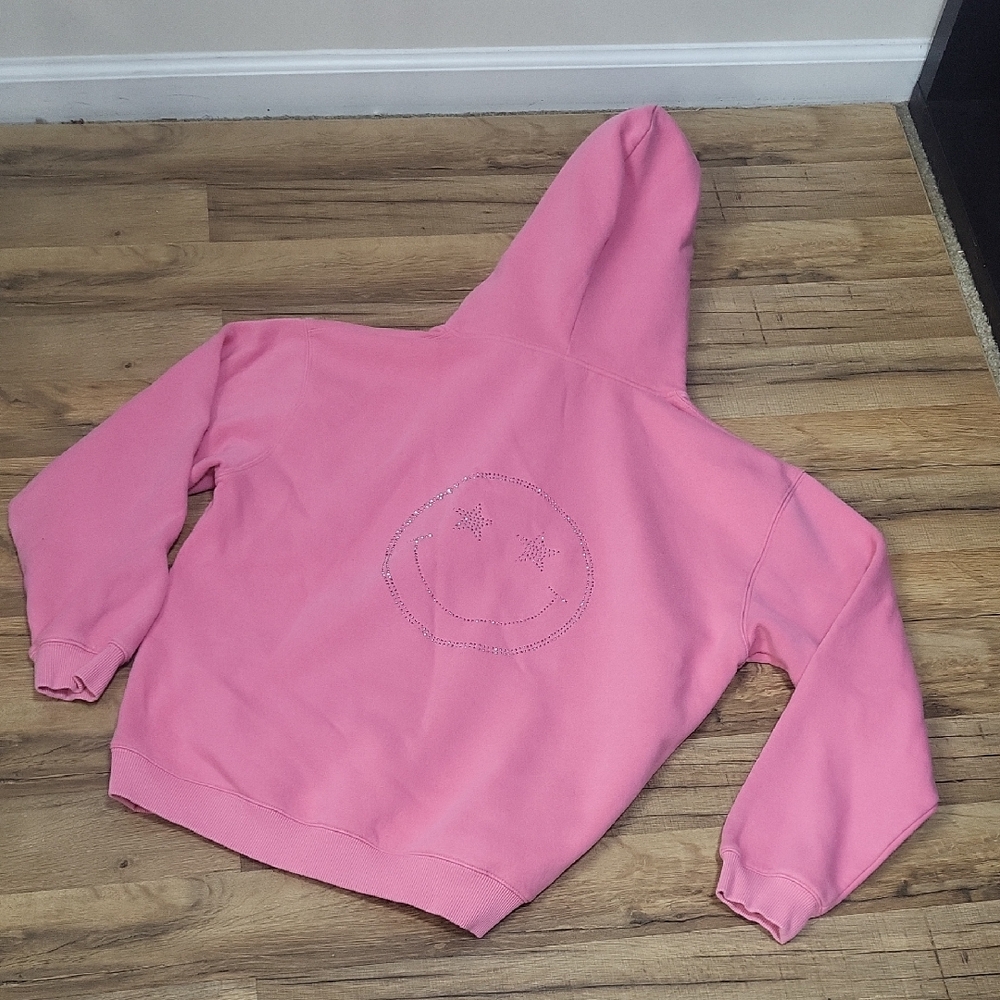 STARFIT Pink Smiley Cotton/Poly Kangaroo Pocket Drawstring Hoodie Sweatshirt